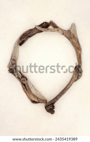 Driftwood wreath abstract on hemp paper background. Creative zen minimal natural wood nature composition. 