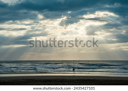 Sunset over Muriwai beach. Sun beams breaking through heavy clouds as waves splashing into wet sand. Auckland, New Zealand. Royalty-Free Stock Photo #2435427101