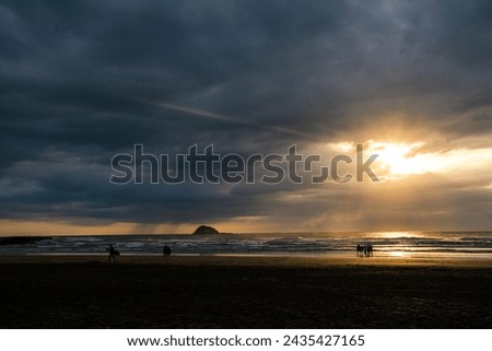 Flaming sunset reflected in the water surface and the wet sand of Muriwai Beach. Auckland, New Zealand. Royalty-Free Stock Photo #2435427165