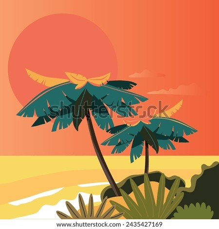 Ocean coast. Chill vibes. Palms and ocean. Marine vector landscape. 