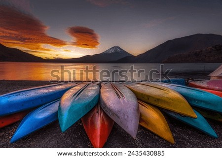  sunrise at motosu lake.very beautifull sky and contras boats Royalty-Free Stock Photo #2435430885