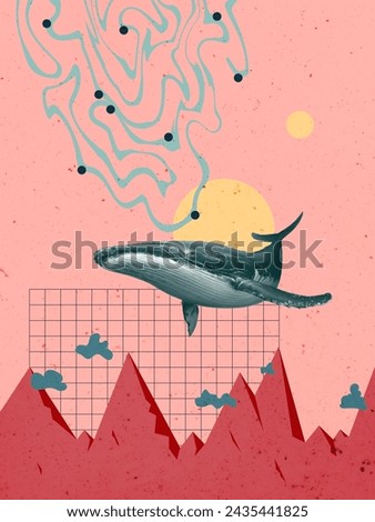 Animal Surreal Art Collage. Vector Illustration. Landscape Artwork. Poster Print. Pet Wild Life. Surrealism Flying Concept Beautiful. Asbtract Weaves Red Green Color Vintage Retro Geometric Line Grid Royalty-Free Stock Photo #2435441825