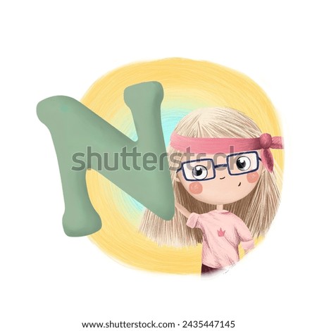 Cute little girl with letter N. Colorful cartoon graphics. Learn alphabet clip art collection on white background