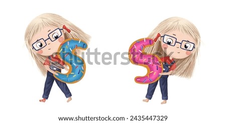 Cute little girl with chocolate donut- letter S. Tasty set on white background. Learn alphabet clip art collection