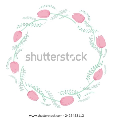 Tulip flowers, spring grasses circular frame with copy space on transparent. Flat style design, isolated vector. Easter holiday clip art, seasonal card, banner, poster, element