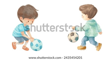 cute kid play soccer football watercolor vector illustration 