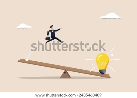 Get new business idea, creativity or invention, wisdom to drive success concept, businessman jump on seesaw with lightbulb.