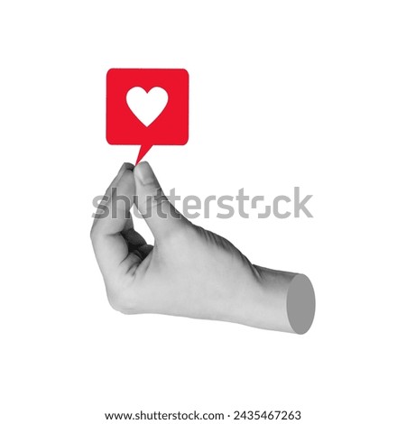 Female antique statue's hand with closed fingers holding like symbol from social media isolated on a white background. 3d trendy creative collage in magazine style. Contemporary art. Modern design