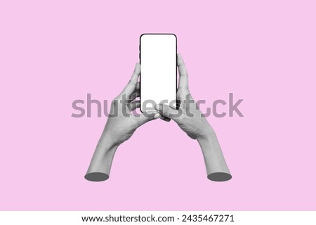 Mobile phone with white screen in female hands isolated on a pink background. Blank with an empty copy space. Mockup of a smartphone. 3d creative trendy collage. Contemporary art. Modern design