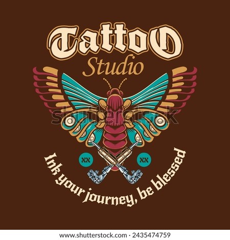 Vector Illustration of Butterfly and Tattoo Tools with Vintage Hand Drawing Style Available for Tshirt Design