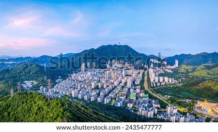 High angle view of city buildings skyline and mountains in Shenzhen