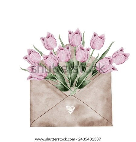 Tulips bouquet watercolor drawing. Clip art of pink flowers placed in a paper bag. On a white isolated background. For designing cards for International Women's Day, Mother's Day and weddings.