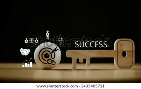 Key strategy idea, business goal concept. Wooden gold key unlock security ball target icon. Key success business planning, creative fund investment consultant. Marketing insight solution for leader Royalty-Free Stock Photo #2435485711