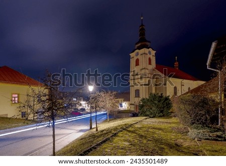 Night view of the Church of Saint James the Greater in Brtnice Royalty-Free Stock Photo #2435501489