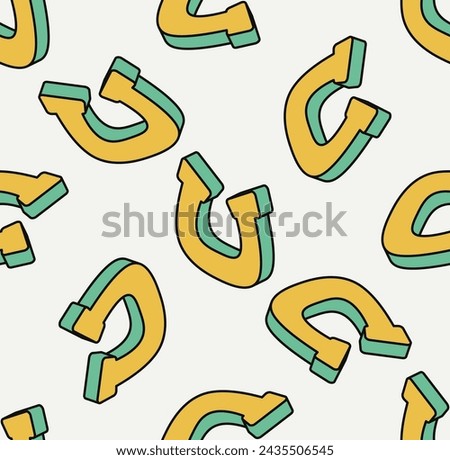 Seamless pattern with yellow horseshoes. Isometric icon. Symbol of Saint Patrick day. Vector illustration. Modern style.