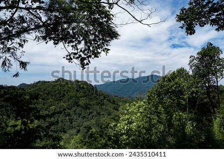 Mountain view in the morning, clear sky. Surrounding the picture are trees.