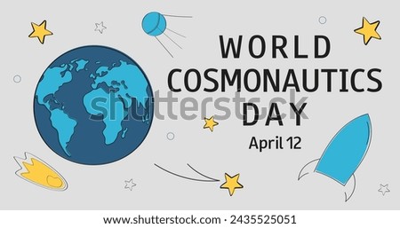 Cosmonautics Day. April 12. Horizontal background with Earth and stars in doodle style. Template for banner, flyer, presentation, card, poster.  Royalty-Free Stock Photo #2435525051