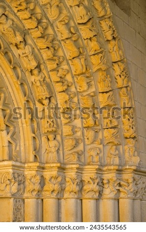 Romanesque portico in the church of Our Lady of the Assumption in the town of Tuesta. Valdegovia Valley. Alava. Basque Country. Spain. Europe