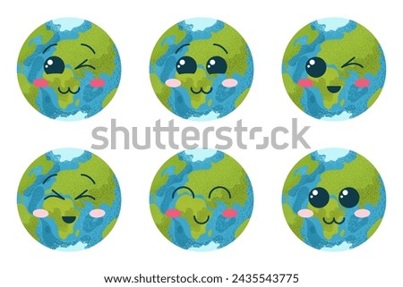 Happy Earth Day. Set of flat emoji planet Earth. Bundle with mascot Earth icons with faces. isolated vector illustrations on white background. Cartoon vector clip art with kawaii planet.