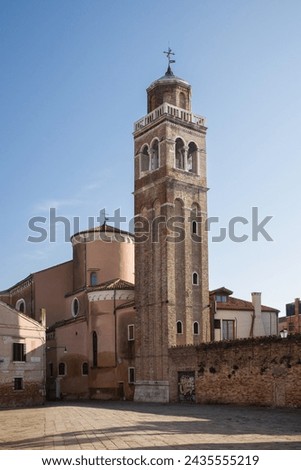 The back of the Saint Sebastian church and its bell tower in the Dorsoduro district of Venice in northern Italy Royalty-Free Stock Photo #2435555219