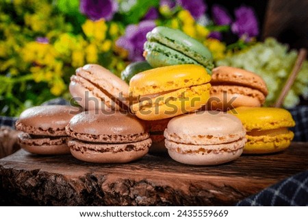 Colorful macarons dessert with pastel tones. Shallow depth of field.