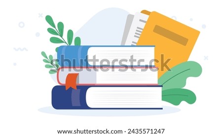 Stack of school books - Simple vector illustration of education book on top of each other with decorative leafs and white background in flat design