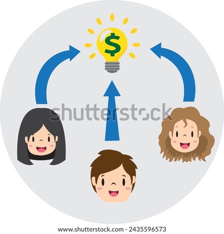 Illustration of teamwork, faces of people, working for a goal, businessmen and businesswomen, organization, brainstorming, colleagues, company workers.