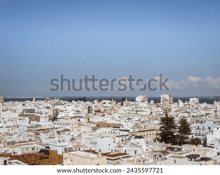 Typical cityscape city view from the top of a residential building in Cadiz, Andalusia, Spain during the summer, clear blue sky