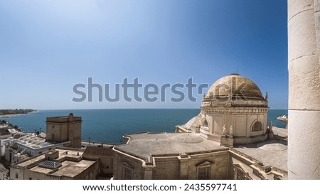 Panoramic view from the bell tower of the Cathedral of Cadiz (Catedral de la Santa Cruz de Cádiz), sea skyline, summer vacation, Andalusia, Spain