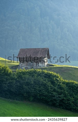 Alps old wooden house. Old House in the European Alps. Old Cabin in the forest. Dilapidated house in the European Alps. Old village houses in a small town in an Alp valley. Royalty-Free Stock Photo #2435639827