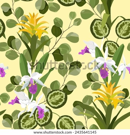 Bromeliad guzmania, eucalyptus and tropical leaves on a beige background. Seamless vector illustration. For decoration textile, packaging, wallpaper. Royalty-Free Stock Photo #2435641145