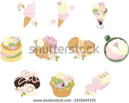 The icon of cute and delicious cherry blossom sweets such as soft serve ice cream and ice cream and parfait and pancake and waffle and busse and latte and chocolate and tart and pound cake.