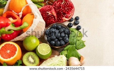 Products high in vitamin C. Healthy food concept. Top view, copy space