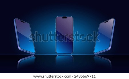 Smartphone Mockup in Different Angles with Editable Screen. Front and perspective side view. Template. Vector.