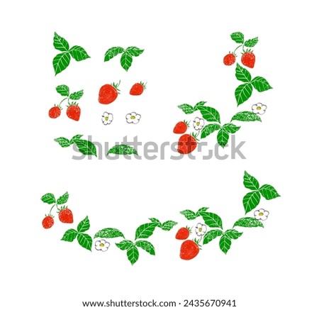 Set of strawberry images for clip art and illustration frames, including red ripe berries, green leaves, and tiny white flowers with grunge stamp effect. 