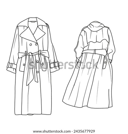 Template vector illustration hand drawn of Oversized Trench coat with belt line art, front and back view, isolated on white background for kids coloring book.