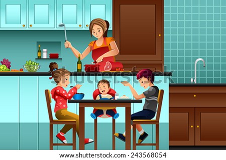 A vector illustration of busy mother in the kitchen with her kids
