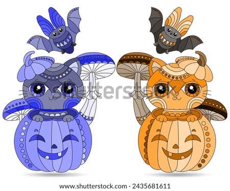 A set of illustrations in the style of stained glass for Halloween with cute cats in a pumpkin, animals isolated on a white background, tone blue and brown