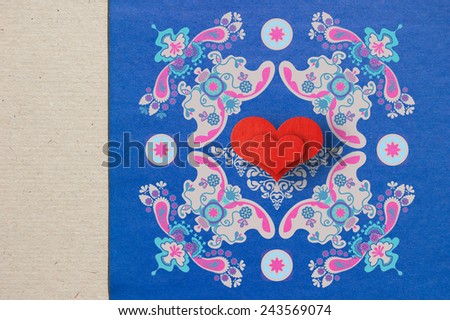 red heart on the ornamental blue texrure cartoon. Valentines day. Scrap