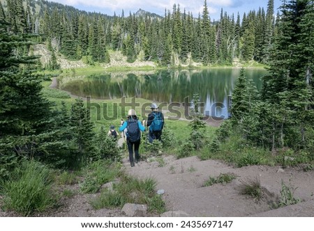 Three people hiking Shadow Lake Trail. Sunrise area. Mount Rainier National Park. Washington State. Royalty-Free Stock Photo #2435697147