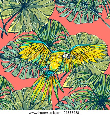 Beautiful seamless tropical floral pattern background. Parrot, plants and palm leaves