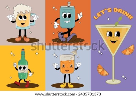 Groovy retro cartoon set with drink mascots, funny colorful doodle style characters, martini, beer, wine bottle, soda can and fresh juice. Vector illustration.