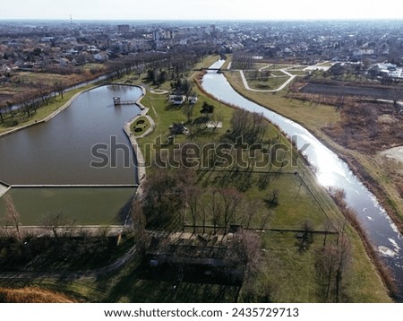Drone aerial view of the Old Lake, Staro Jezero: serbian, Kikinda city, Serbia, Europe