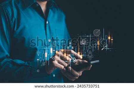 Businessman analyzing stock market investment data with candlestick chart virtual and business icons. foreign exchange, trade fund, crypto money, business growth, investor, cryptocurrency trend,