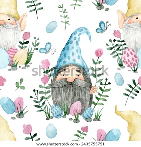 seamless pattern with cute gnomes with Easter eggs and flowers. watercolor drawing on the theme of Easter.