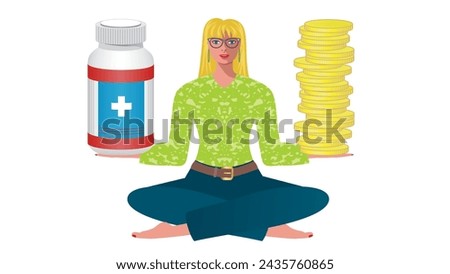 Woman with medication and money. Isolated. Vector illustration.