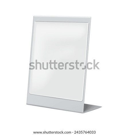 L-shaped clear plastic pocket with metal back, sign holder vector mock-up. Signback mockup. Acrylic countertop information display stand template Royalty-Free Stock Photo #2435764033