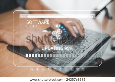 Update software system concept. Upgrade installation business app and software update process on computer laptop. User download install data function technology. Developer release new version security