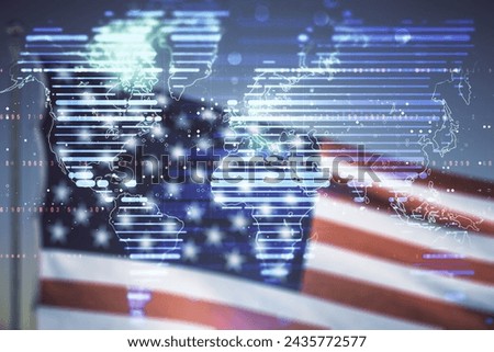 Double exposure of abstract digital world map hologram on US flag and blue sky background, big data and blockchain concept