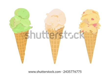 Set of ice cream vector illustration. Cartoon ice cream in waffle cone isolated on white background.